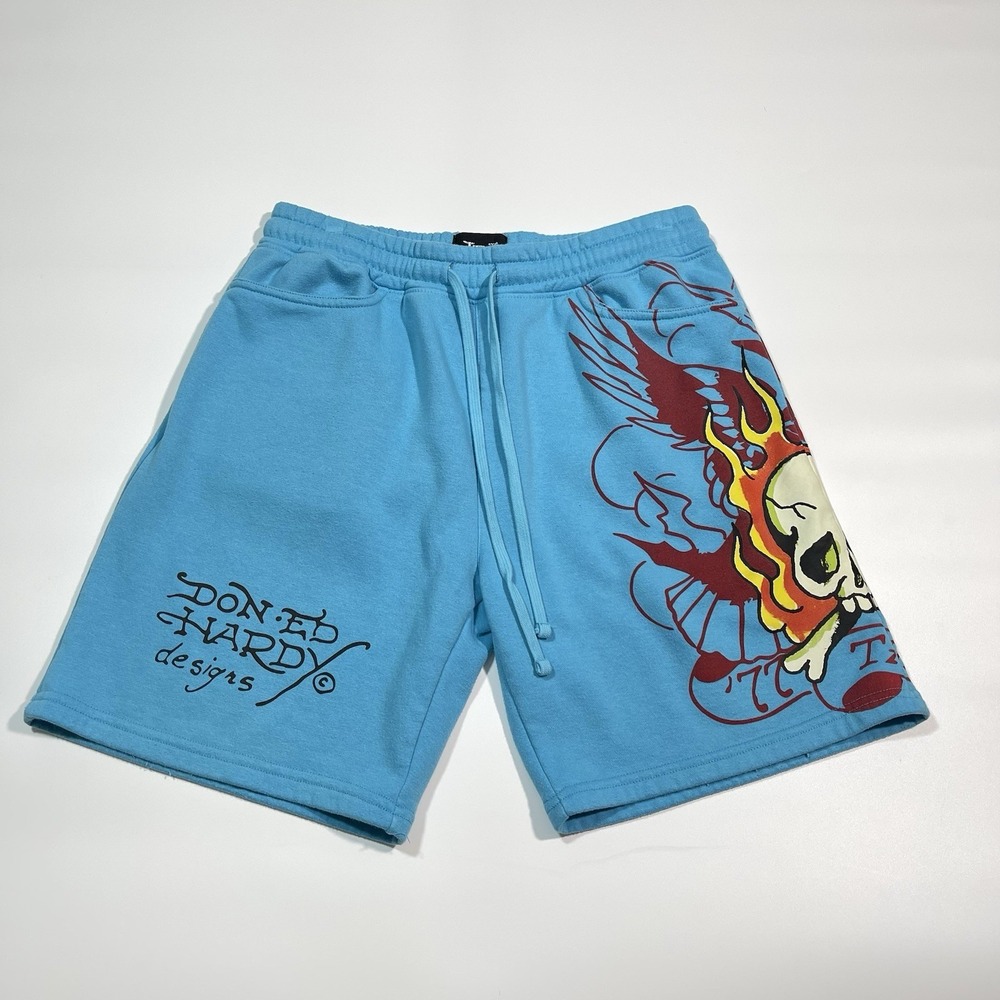 Ed Hardy Skull Flame Tattoo Graphic Drawstring Shorts
